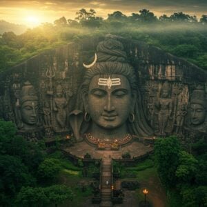 A magnificent aerial view of the ancient Unakoti rock carvings in Tripura, showing massive 30-foot-tall carved faces of Lord Shiva emerging from lush green mountainsides, captured during golden hour. The central Shiva carving features intricate details including his jata (dreadlocks), third eye, and ceremonial jewelry, all weathered by time. Surrounding the main carving are smaller relief sculptures of deities and celestial beings in traditional Shaivite iconography. The scene is enhanced with morning mist rolling through the tropical forest, with rays of sunlight creating dramatic shadows across the rock face. Small waterfalls cascade down the rock walls, creating a mystical atmosphere. In the foreground, stone steps wind their way up the hillside, dotted with traditional oil lamps. The art style combines hyperrealistic photography with ethereal lighting and Madhubani-inspired decorative patterns in the sky, rendered in rich earth tones, deep greens, and touches of gold. Cinematic composition, tilt-shift photography effect, atmosphere perspective, volumetric lighting --ar 16:9