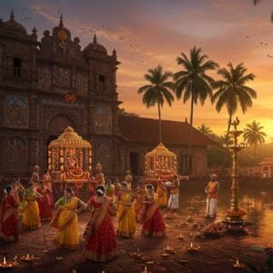 A majestic Goan temple courtyard during sunset, with ornate Portuguese-influenced architecture and traditional Konkani design elements. In the foreground, a group of devotees in colorful Goan attire (women in traditional nine-yard Navvari sarees in bright yellows and reds, men in white dhotis) performing the traditional Dhalo dance in a circular formation. Elaborate brass deepstambhas (traditional lamp towers) illuminate the scene with warm golden light. The temple's entrance features intricate Pattachitra-style artwork depicting scenes from local legends. Multiple brass kalashes adorned with coconuts and mango leaves crown the temple spires. In the middle ground, a grand procession carrying a decorated palki (palanquin) with vibrant marigold and lotus garlands. Traditional Goan musical instruments like Ghumat and Samell being played by musicians. The background shows towering coconut palms swaying in the breeze, with floating diyas on a nearby temple tank reflecting the sunset. The scene combines hyperrealistic details with ethereal lighting and surreal elements like floating flower petals and glowing mandalas in the sky. Art style merges traditional Indian art with modern digital aesthetics, using rich colors like deep maroon, saffron, and peacock blue.