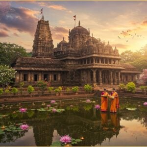 A majestic aerial view of an ancient Goan temple complex at golden hour, featuring distinctive Portuguese-influenced architecture blended with traditional Hindu temple design. The main temple has ornate spires decorated with intricate Madhubani-style patterns in gold and deep maroon. Surrounding the temple are sacred tulsi plants and frangipani trees with pink-white flowers. In the foreground, a serene lotus pond reflects the temple's image, with floating diyas creating a mystical glow. Two Indian women in traditional Goan Navvari sarees (in peacock blue and saffron) are walking towards the temple entrance, carrying traditional brass pooja thalis with flowers and coconuts. The sky features ethereal clouds in soft pastel pinks and purples, with rays of sunlight filtering through. The scene is bordered by intricate mandala patterns in gold filigree. The overall composition combines photorealistic architecture with stylized Indian artistic elements, creating a dreamy, spiritual atmosphere. Detailed textures on the temple walls show ancient Sanskrit inscriptions and traditional Goan motifs.