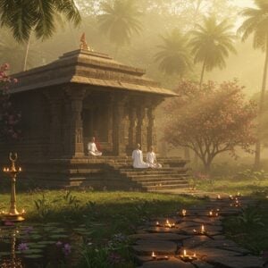 A serene ancient stone temple nestled in lush Goan tropical forest, with Portuguese-colonial architectural influences blending seamlessly with traditional Hindu temple architecture. The temple features ornate carved pillars, surrounded by flowering frangipani trees and sacred tulsi plants. In the foreground, a tranquil lotus pond reflects the golden sunrise. A winding stone pathway leads to the temple, lined with traditional brass oil lamps. Soft morning mist creates an ethereal atmosphere, with rays of sunlight filtering through tall coconut palms. Two Indian spiritual seekers in meditation poses sit peacefully on the temple steps, wearing white cotton clothes. The scene combines Goan coastal elements with sacred architecture, featuring warm golden light, deep maroons, and peaceful blues. Digital art style merging traditional Madhubani patterns in architectural details with modern hyperrealistic rendering, emphasis on mystical morning lighting and spiritual ambiance. The overall composition suggests peace and spiritual discovery.