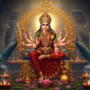 A majestic Indian goddess Koniamman radiating divine power, adorned in a deep red and gold silk saree with intricate temple border designs, seated on a golden throne adorned with Tamil architectural motifs. She has eight arms, holding traditional weapons - vel (spear), sword, chakra, and shield, while other hands display mudras of protection and blessing. Her face exhibits serene beauty with large expressive eyes adorned with traditional South Indian temple jewelry including a grand maang tikka and multilayered gold necklaces. Behind her, a massive aureole (prabhavali) glows with ethereal light, decorated with intricate Madhubani-style patterns and peacock motifs. The background features a grand Tamil temple gopuram with soft morning light filtering through, creating a mystical atmosphere. Floating lotus flowers, burning camphor lamps, and swirling sacred smoke frame the scene. The color palette focuses on deep maroons, royal blues, saffron, and metallic gold accents. The lighting is dramatic with divine rays emerging from behind the goddess, illuminating devotees offering flowers and prayers at her feet. Art style merges hyperrealistic digital art with traditional South Indian temple art aesthetics.