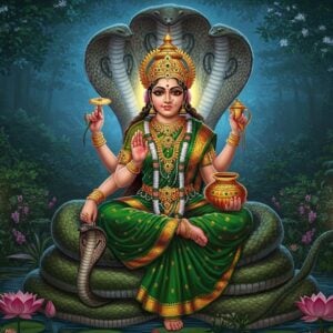 A majestic portrait of Goddess Mansa Devi seated on a coiled serpent throne, wearing a rich emerald green silk saree with gold border. Her four arms hold a snake, a lotus, a water pot, and the fourth in abhaya mudra. Her face is serene with large almond eyes, adorned with a golden crown featuring intricate snake motifs. She wears traditional Indian jewelry including snake-shaped bangles and a serpentine necklace. Behind her is a large, glowing mandala in deep blues and golds, surrounded by floating cobra hoods. The background features a mystical forest with sacred neem trees and blooming night-jasmine flowers. Soft ethereal light illuminates the scene, creating a divine aura. The art style combines traditional Madhubani patterns in the details with modern digital aesthetics, using a color palette of emerald green, royal blue, gold, and crimson. Several smaller snakes peacefully surround her feet, and lotus flowers float in a serene pond below her throne. The overall composition emphasizes her role as the snake goddess while maintaining a powerful yet benevolent presence.