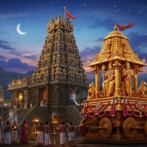 An ethereal night scene of the majestic Palani Murugan Temple illuminated by golden lights, perched atop the sacred hill. In the foreground, a intricately detailed golden chariot adorned with traditional Tamil architectural motifs, peacock designs, and gemstones gleams brilliantly. Lord Murugan's divine presence is symbolized by his vel (spear) and peacock motif embossed on the chariot in meticulous detail. The chariot is connected to an ancient wooden winch mechanism, decorated with fresh flower garlands. Devotees in traditional South Indian attire gather around with lit oil lamps, creating a warm golden glow. The sky features a mystical combination of deep blues with scattered stars and a crescent moon, while subtle rays of divine light emanate from behind the temple tower. The scene includes delicate smoke trails from camphor and incense, adding to the spiritual atmosphere. Art style combines hyperrealistic architectural details with ethereal lighting and traditional South Indian temple art elements, rendered in digital medium with emphasis on golden hues, deep blues, and warm lighting.