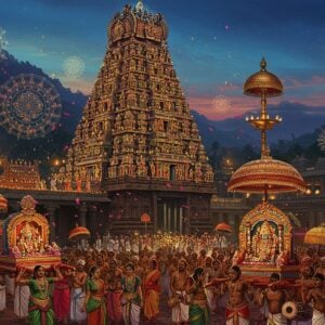 A majestic Govindaraja Swamy temple in Tirupati, illuminated by thousands of golden oil lamps against a deep blue twilight sky. The temple's ornate gopuram towers above, adorned with intricate carvings and colorful statues of deities. In the foreground, a procession of devotees in vibrant traditional attire carries elaborately decorated palanquins with idols. Flower petals rain down from above, creating a magical atmosphere. The scene is alive with movement and celebration, featuring classical dancers, musicians playing traditional instruments, and elephants decorated with colorful fabrics and jewelry. Glowing mandalas and lotus motifs float ethereally in the air, blending the physical and spiritual realms. The art style combines hyperrealistic details with a touch of surrealism, using a rich color palette of deep maroons, saffron, and peacock blues, accented with shimmering gold highlights.