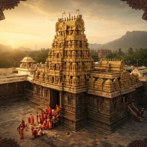 A majestic aerial view of the Govindaraja Swamy Temple in Tirupati, its golden gopuram gleaming in the warm sunlight. The temple's intricate Dravidian architecture is highlighted, with ornate carvings and sculptures adorning its walls. In the foreground, a group of devotees in colorful traditional attire perform a puja ceremony, offering flowers and incense. The surrounding landscape showcases lush greenery and the Tirumala Hills in the distance. A subtle, ethereal glow surrounds the temple, emphasizing its spiritual significance. The scene is rendered in a style blending photorealism with elements of traditional Indian art, featuring rich, deep colors like gold, saffron, and peacock blue. Intricate mandala patterns frame the edges of the image, incorporating lotus motifs and Hindu symbols. The overall composition creates a sense of awe and reverence, inviting viewers to explore the temple's history and importance.