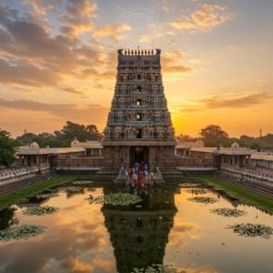 A majestic aerial view of the Govindaraja Swamy Temple complex at sunrise, with golden light illuminating its intricate Dravidian architecture. The main gopuram towers in the center, adorned with colorful sculptures of Hindu deities. In the foreground, a serene pond reflects the temple's image, surrounded by blooming lotus flowers. Devotees in traditional attire are seen entering the temple, creating a sense of movement and spirituality. The sky is painted in soft hues of orange and pink, with wispy clouds forming subtle mandala patterns. The scene seamlessly blends photorealistic details with ethereal, dreamlike qualities, emphasizing the temple's grandeur and spiritual significance. The overall composition exudes a sense of peace, devotion, and timeless beauty, inviting the viewer to explore the sacred site.