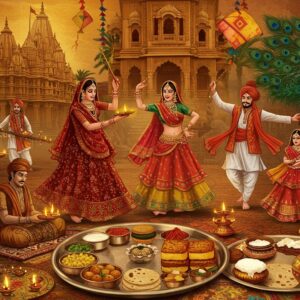 A grand panoramic scene of Gujarat's cultural essence: In the center, a traditionally-dressed Gujarati family performs Garba in vibrant chaniya cholis and kediya outfits, captured mid-dance with flowing movements against an ornate haveli backdrop. The foreground features an elaborate traditional Gujarati thali with distinct dishes - dhokla, khandvi, and thepla arranged on silver plates with intricate patterns. To the left, women in colorful bandhani sarees perform aarti during Navratri, holding decorated thalis with diyas. The right side showcases artisans creating detailed Bandhani textile patterns and Patola weaving. The background integrates architectural elements of the Somnath Temple with its intricate carvings. Floating motifs include dandiya sticks, peacock feathers, and lotus flowers. The scene is illuminated by warm golden light with soft saffron and deep maroon hues, rendered in a fusion of Madhubani and modern digital art style. Delicate henna patterns and traditional jewelry details adorn the figures. The composition includes subtle elements like flying kites for Uttarayan and small pots of buttermilk, creating a rich tapestry of Gujarati culture. Hyperrealistic details with magical atmospheric elements, rendered in rich, saturated colors with golden accents.