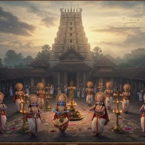 A majestic aerial view of Guruvayur Temple during dawn, with golden light illuminating its traditional Kerala architecture and distinctive four-sided golden dome. In the foreground, eight classical Krishnanattam performers in elaborate, traditional costumes and masks perform the divine dance, their poses dynamic and graceful. The performers wear intricate krishna-themed headgears and vibrant costumes in deep blues and golds. The temple courtyard features detailed kolam patterns made with flowers, and multiple brass nilavilakku (traditional lamps) emit a warm, divine glow. Devotees in traditional Kerala attire circumambulate the temple with lotus flowers and offerings. The background shows ethereal clouds with hints of peacock blue and soft gold, creating a dreamy atmosphere. The scene incorporates Madhubani-style decorative elements around the borders with elephant motifs and Kerala mural art patterns. The lighting is mystical with god rays filtering through the morning mist, creating a spiritual ambiance. Realistic digital art style with attention to architectural details and cultural accuracy, rendered in high detail with cinematic lighting.