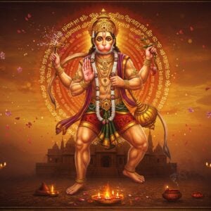 A majestic Lord Hanuman in dynamic pose, muscular and powerful, his body glowing with divine golden aura, standing against a massive crimson sun mandala. His four hands hold his signature mace (gada), mountain, prayer beads, and one hand in blessing mudra. His face shows devotion and strength, with a tilak shining on his forehead. Around him float ethereal, glowing Sanskrit verses of Hanuman Chalisa forming a spiral pattern. The background features the silhouette of a grand temple architecture with intricate Indian patterns. Floating lotus petals and spiritual symbols in gold and saffron create a divine atmosphere. A soft mist carries hints of vermillion and sandalwood. The art style combines traditional Madhubani patterns in the borders with modern digital art techniques, creating a surreal, spiritual ambiance. Rich colors of deep maroon, saffron, and gold dominate. Small flames and sparkles of divine energy surround Hanuman's form. His tail forms an elegant curve containing miniature scenes from Ramayana in traditional Pattachitra style.