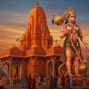 A majestic, towering orange-saffron temple structure with curved Nagara-style shikhara emerges against a mystical Delhi twilight sky, illuminated by golden divine light. In the foreground, a colossal 108-foot statue of Lord Hanuman in his warrior pose, painted in sindoor red, displays immense strength and devotion. His right hand holds his signature gada (mace) while his left hand is raised in blessing. Traditional Indian architectural elements like ornate pillars with intricate carvings and geometric patterns adorn the temple entrance. Devotees in contemporary Indian attire circumambulate the temple, holding marigold garlands and brass bells. The scene is enhanced with floating diyas, their flames creating a warm glow, while smoke from incense creates ethereal swirls in the air. The backdrop shows modern Connaught Place's colonial architecture seamlessly blending with the spiritual atmosphere. Art style combines hyperrealistic architectural details with mystical Indian traditional art elements, featuring deep maroons, saffron, and gold color palette with accents of peacock blue in the sky. The overall composition should convey both grandeur and spiritual serenity.