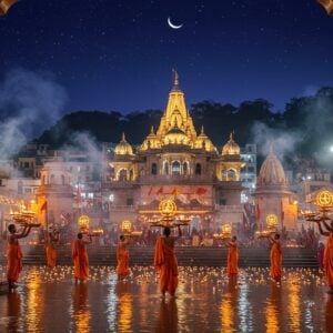 A mesmerizing night scene of Har Ki Pauri ghat in Haridwar, with seven saffron-clad priests performing Ganga Aarti in perfect synchronization, holding large brass lamps with multiple flames. The holy Ganges river reflects countless floating diyas, creating a magical mirror effect. In the background, the ancient Shiva temple glows with warm golden light, its detailed architecture featuring intricate Nagara-style carvings. The scene is framed by ornate stone archways decorated with traditional Madhubani patterns. Ethereal blue-white mist rises from the river, intertwining with incense smoke. Devotees in traditional Indian attire are seated on the steps, their faces illuminated by the aarti flames. The sky features a deep indigo gradient with subtle stars and a crescent moon. The overall composition combines photorealistic details with surreal lighting effects, maintaining rich colors like deep saffron, gold, and river-blue, while incorporating traditional Indian art motifs in the architectural elements. Soft golden halos around the lamps create a divine atmosphere, and subtle mandala patterns appear in the smoke trails.