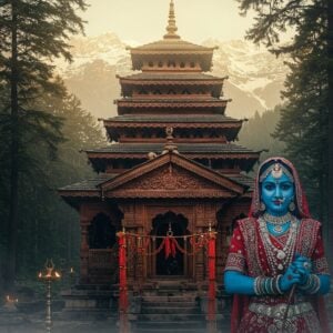 A majestic wooden pagoda-style temple with intricate cedar wood carvings emerges from a mystical forest of ancient deodar trees, set against snow-capped Himalayan peaks. The temple's 24-meter pyramidal roof features multiple tiers with detailed Madhubani-style patterns in deep maroon and gold. In the foreground, a powerful feminine figure of Hidimba Devi stands tall, depicted with blue-tinted skin, wearing a traditional Himachali dress with rich embroidery, adorned with heavy silver jewelry and a distinctive nose ring. Her expression is fierce yet protective, representing her rakshasi origins. Sacred vermillion threads and bells hang from the temple entrance, while brass oil lamps cast a warm, ethereal glow. Mist swirls around the base of the temple, creating a mystical atmosphere. The scene is rendered in a blend of photorealistic detail and traditional Indian art style, with emphasis on intricate architectural details and spiritual symbolism. The lighting is dramatic with golden hour sunlight filtering through the cedar trees, creating divine rays that illuminate the temple structure.