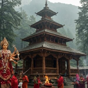 Ancient wooden pagoda-style temple with intricate carved pillars and a distinctive 24-meter cedar wood roof rising against misty Himalayan peaks, nestled among towering deodar trees. The temple's wooden architecture features ornate carvings of Hindu deities, celestial beings, and geometric patterns in dark weathered wood. In the foreground, a mystical figure of Hidimba Devi with four arms, adorned in traditional Himachali attire with silver jewelry and a crown, emanating a soft golden aura. She holds a trishul in her upper right hand, a sword in upper left, a lotus in lower right, and a skull cup in lower left. Devotees in traditional Kullu shawls offering brass diyas and red flowers. Soft morning sunlight filtering through the dense forest canopy creates ethereal light beams. Wisps of sacred incense smoke curl upward, merging with the mountain mist. The scene combines Pahari painting style with modern digital art techniques, emphasizing rich earth tones, deep greens, and ceremonial reds. The atmosphere is mystical and serene with a photorealistic quality.