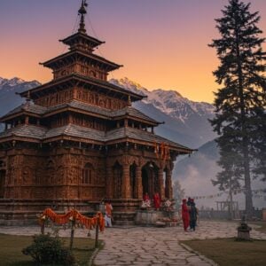 Ancient wooden pagoda-style temple with intricate wood carvings depicting scenes from Mahabharata, set against snow-capped Himalayan peaks at dusk. The temple's 24-meter brass cone roof gleams in golden hour light. Traditional Himachali architecture with layered sloping roofs and ornate carvings of deities and geometric patterns. In the foreground, a stone path lined with cedar trees leads to the temple, decorated with brass bells and colorful prayer flags. Ethereal mist swirls around the base, with soft orange and purple sky. Local devotees in traditional Kullu shawls and caps performing rituals. The scene captures both the architectural grandeur and spiritual atmosphere, with detailed textures of the 500-year-old weathered wood. Lighting emphasizes the temple's dramatic vertical structure against the mountain backdrop. Art style merges photorealistic architectural details with mystical atmospheric elements, combining Pahari painting traditions with modern digital aesthetics. Deep earthy browns contrasting with golden highlights and mountain blues.