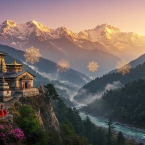 A majestic panoramic view of snow-capped Himalayan peaks at sunrise, with golden rays illuminating the mountain tops, creating an ethereal glow. In the foreground, an ancient stone temple with intricate Nagara architecture sits on a cliff edge, its spire adorned with golden kalash. A flowing river with crystal-clear turquoise waters winds through the valley below. Multiple floating mandalas in soft gold and saffron colors hover in the air, casting a divine light. Traditional prayer flags in vibrant colors flutter in the wind, creating leading lines toward the temples. Mist rolls through the valleys, partially revealing dense pine forests and rhododendron blooms. A group of pilgrims in traditional Indian attire walk along a mountain path, their silhouettes small against the grand landscape. The scene features soft, pastel morning colors - lavender skies, golden sunlight, and emerald forests, combined with deep spiritual symbols. Art style merges hyperrealistic landscape photography with magical surrealism, emphasizing both natural grandeur and spiritual energy. The composition should create a sense of scale and divine connection.