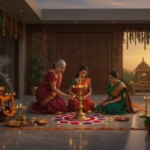 A serene Indian family scene during sunset, with three generations performing various Hindu rituals in a modern luxury home's courtyard. The grandmother in an elegant maroon silk saree teaching her granddaughter to light a traditional brass lamp, while the mother in contemporary Indian wear arranges a minimalist rangoli with organic colors. The setting features a harmonious blend of modern architecture with traditional elements - sleek marble floors adorned with scattered marigold and lotus petals, contemporary glass walls decorated with hanging toran of mango leaves and marigolds. A sophisticated home temple in the background showcases carved wooden panels with mandala patterns. Soft golden hour lighting bathes the scene, creating a warm ethereal glow. Small details include brass puja items thoughtfully arranged on a designer wooden table, smoke from sandalwood incense creating artistic swirls, and a tulsi plant in a modern geometric planter. The overall color palette combines deep jewel tones (maroon, emerald, royal blue) with modern metallic accents (gold, copper). Art style merges traditional Madhubani patterns in the details with contemporary digital art techniques, maintaining photorealistic qualities while adding subtle spiritual symbolism through glowing auras and mandala motifs.