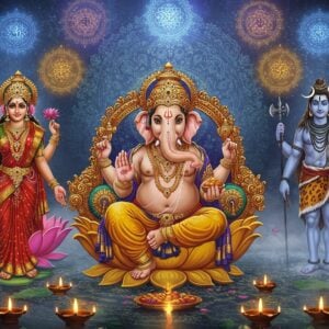 A majestic composition featuring Lord Ganesha in the center, depicted in a modern digital art style with traditional Indian artistic elements. The four-armed deity sits in lalitasana pose on a golden lotus throne, holding modak in lower right hand, broken tusk in upper right, pasha (rope) in upper left, and ankusha (elephant goad) in lower left. His elephant head is adorned with intricate jewelry and a crown embedded with precious stones. To his left, Goddess Lakshmi stands on a pink lotus, her four hands holding lotus flowers and gold coins, wearing a rich red silk saree with gold border. To his right, Lord Shiva in meditation pose, with crescent moon in his matted hair, third eye prominent, cobra around his neck, holding trishul and damaru. The background features a large, glowing mandala in deepblue and gold, with sacred geometry patterns. Multiple smaller mandalas float in the ethereal space, emanating soft light in pastel purples and blues. The scene is enhanced with floating lotus petals, swirling spiritual energy in golden hues, and subtle Devanagari symbols dissolving into light. Soft mist adds depth, while diya lamps with glowing flames border the bottom of the composition. Style combines hyperrealistic digital art with traditional Madhubani patterns in a modern interpretation.