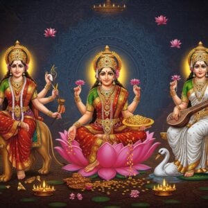 A majestic composition featuring three prominent Hindu Goddesses in a triangular arrangement: Goddess Lakshmi in the center, seated on a pink lotus with four arms, her front right hand in abhaya mudra, left hand holding lotus flowers, back hands showering golden coins, wearing a rich red silk saree with gold border. To her right, Goddess Saraswati in pristine white saree, seated on a white lotus, playing the veena, with four arms, her vahana white swan gracefully positioned beside her. To the left, Goddess Durga in royal red and gold attire, riding her majestic lion, holding trishul in upper right hand, sword in upper left, lower right in abhaya mudra, lower left in varada mudra, emanating divine power. Each goddess has a luminous golden aura, adorned with intricate gold jewelry and crown. The background features a large, intricate mandala in deep blue and gold, with smaller floating lotus flowers and spiritual symbols. Soft rays of divine light emanate from each goddess. The art style combines traditional Madhubani patterns in a modern digital aesthetic, with rich colors of deep maroon, royal blue, and gold. The scene is set in an ethereal realm with swirling cosmic energies and floating celestial elements.