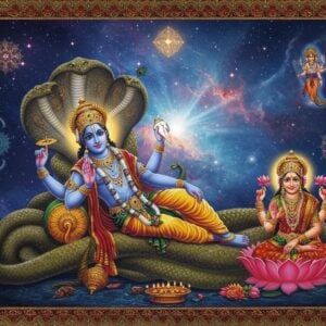 A majestic cosmic scene featuring Lord Vishnu reclining on the cosmic serpent Shesha against a deep sapphire blue background with swirling galaxies and nebulae. Vishnu has four arms - upper right holding the Sudarshan Chakra emitting golden light, upper left holding a conch shell with ethereal sound waves, lower right holding a lotus flower blooming with sacred geometry patterns, and lower left hand in blessing mudra. His skin is deep azure blue, wearing golden pitambara and precious jewels. Lord Brahma emerges from a golden lotus sprouting from Vishnu's navel, with four heads each facing cardinal directions, holding Vedas in his hands. Goddess Lakshmi sits at Vishnu's feet, dressed in red-gold silk, holding lotus flowers. The entire scene is framed by intricate Madhubani-style borders featuring peacocks, lotus motifs, and geometric patterns in gold, saffron and deep maroon. Multiple small mandalas float in the background, emitting soft pastel auras. The lighting is ethereal with god rays streaming through clouds, creating a divine atmosphere. Photorealistic digital art style merged with traditional Indian art elements, 8k resolution, cinematic lighting.