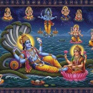 A majestic scene depicting Lord Vishnu reclining on the cosmic serpent Shesha in a vast cosmic ocean, with four arms holding his iconic symbols - conch shell, lotus, mace, and chakra. Goddess Lakshmi sits at his feet, gently massaging them. Above, a celestial dance of deities unfolds - Lord Shiva performing the cosmic dance with his trident and damaru, while Goddess Parvati watches adoringly. Lord Ganesha plays his musical instruments nearby, his trunk curved elegantly. The background features intricate mandalas and sacred geometry in gold and deep blue hues. The cosmic ocean ripples with ethereal energy, with small vignettes of famous mythological scenes floating like bubbles - Rama's bridge to Lanka, Krishna's Raas Leela, and Hanuman carrying the mountain. The lighting is divine and otherworldly, with soft golden rays emanating from the deities. The art style combines traditional Pattachitra patterns with modern digital art techniques, featuring rich jewel tones of deep sapphire, royal purple, and burnished gold. The scene is framed by stylized lotus flowers and peacock feathers, with subtle Sanskrit symbols floating in the cosmic atmosphere.