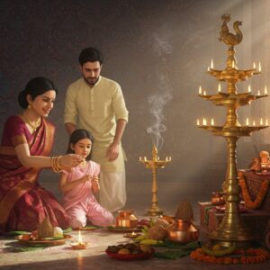 A serene indoor temple scene with a young Indian family performing traditional Hindu rituals, centered around an ornate brass lamp (deepam) with multiple wicks illuminating the space with golden light. The main focus is a mother in a rich maroon silk saree teaching her daughter in a pastel pink pavadai how to perform aarti. Behind them, a father in crisp white kurta arranges traditional puja items on a carved wooden platform - copper vessels, fresh marigolds, banana leaves, and coconuts. The background features an intricately detailed Madhubani-style wall with patterns of peacocks and lotus flowers in deep indigo and saffron. Soft rays of morning sunlight stream through window, creating ethereal light beams that interact with incense smoke forming mystical swirls. The scene is adorned with floating rangoli patterns that emit a subtle spiritual glow. The color palette combines deep traditional colors (maroon, saffron, gold) with modern pastels (soft pink, mint green). The artwork style merges hyperrealistic details with ethereal spiritual elements, showing both the tangible and mystical aspects of Hindu rituals. The overall composition radiates warmth, devotion, and intergenerational knowledge transfer.