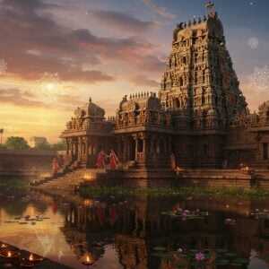 A majestic ancient Hindu temple complex at sunrise, with intricate Dravidian-style gopurams reaching towards a mystical sky filled with soft pink and golden clouds. The main temple tower features detailed carved sculptures of deities, dancers, and mythological scenes in traditional Madhubani art style. The foreground shows a serene temple pond with blooming lotus flowers, where golden light reflects off the water's surface. Sacred oil lamps illuminate the temple steps, creating a warm ethereal glow. Two Indian women in traditional silk sarees (one in deep maroon, one in peacock blue) perform pradakshina (circumambulation) around the temple. Floating mandalas and sacred geometric patterns appear as subtle overlays in the air. The scene incorporates elements of both ancient and digital art, with sharp architectural details contrasting with soft, dreamlike lighting. The color palette includes deep golds, saffron, burgundy, and celestial blues. Small streams of incense smoke curl through the air, creating mystical patterns. The temple's reflection in the pond creates a perfect mirror image, suggesting spiritual symmetry and divine order. Photorealistic rendering with ethereal lighting and atmospheric depth.