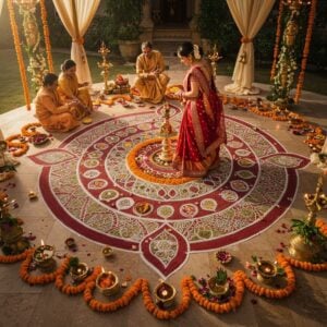 A stunning aerial view of an ornate Indian wedding mandap entrance adorned with an intricate, large-scale rangoli pattern in vibrant colors (deep red, saffron, white, and gold). The rangoli features concentric circles with traditional Kolam patterns, peacock motifs, and lotus designs created with colored rice flour and flower petals. In the scene, a bride in a crimson silk saree with gold border is completing the final touches of the rangoli while her family members watch, creating a warm, intimate moment. The rangoli is surrounded by brass diyas with glowing flames, fresh marigold garlands, and scattered rose petals. The lighting is soft and ethereal, with morning sunbeams filtering through decorative fabric drapes, creating a magical atmosphere. The scene combines traditional elements with modern aesthetic sensibilities, featuring rich textures and detailed patterns in Madhubani-inspired art style. The overall composition suggests both artistic beauty and sacred tradition, with subtle glowing effects around the rangoli pattern suggesting divine blessings.