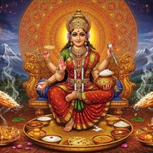 A majestic depiction of Goddess Annapoorna seated on a golden lotus throne, with four arms - her right hands holding a jewel-studded golden spoon and a sacred text, left hands holding a pot of rice and a blue lotus. She wears a rich crimson silk saree with gold border, adorned with elegant temple jewelry. Behind her, a massive ornate mandala in deep saffron and gold emanates divine light. The foreground shows a traditional brass thali with various traditional Indian dishes arranged in a circular pattern, steam rising mystically. Floating rice grains and lotus petals surround the scene, creating a ethereal atmosphere. Mount Kailash appears in the background, rendered in soft blues and whites. The scene is illuminated by warm, divine light with subtle sparkles. Traditional Madhubani-style border patterns frame the scene, featuring intricate food motifs in gold and deep maroon. The overall composition combines hyperrealistic details with spiritual symbolism, creating a serene yet powerful atmosphere that emphasizes the sacred connection between food and divinity.