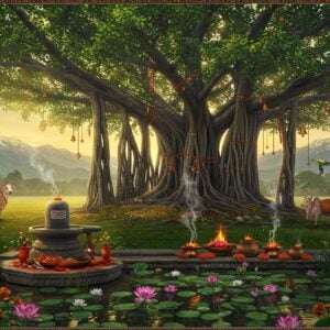 A serene Indian landscape at dawn, featuring a majestic ancient banyan tree with its aerial roots forming intricate patterns, adorned with sacred threads and small brass bells. In the foreground, a pristine lotus pond reflects the golden sunlight, with blooming pink and white lotuses. A beautifully carved stone Shiva lingam sits on a pedestal near the tree, surrounded by Tulsi plants and marigold flowers. Sacred cows graze peacefully nearby on lush grass. The background shows the snow-capped Himalayas bathed in ethereal morning light. Small streams of smoke from burning incense create mystical swirls in the air. Traditional Madhubani-style patterns of sun, moon, and nature elements are subtly integrated into the scene's borders. The lighting is warm and divine, with rays of sunlight filtering through the banyan leaves, creating a magical atmosphere. Small groups of peacocks and parrots add vibrant touches to the scene. The overall composition should blend photorealistic elements with traditional Indian art motifs, using a color palette of deep greens, earthy browns, saffron, and gold accents, maintaining a perfect balance between spirituality and nature.