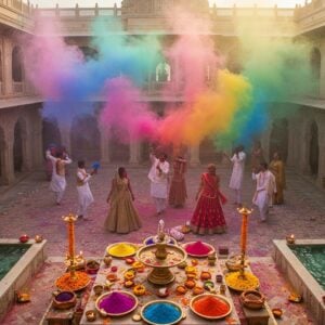 A magnificent aerial view of a grand Indian courtyard during Holi celebrations, featuring ornate Rajasthani architecture with intricate marble jalis and carved pillars. In the center, a group of elegantly dressed Indians in traditional white kurtas and lehengas are caught mid-motion, joyfully throwing vibrant gulal powders - deep pink, royal blue, emerald green, and saffron orange - creating spectacular color clouds that spiral upward. The scene is illuminated by golden sunshine filtering through the color clouds, creating magical light rays. In the foreground, traditional brass plates filled with natural color powders, diyas, and fresh marigold garlands. Ornamental fountains spray crystalline water, reflecting rainbow colors. Detailed Madhubani-style border patterns frame the scene, incorporating mythological elements of Krishna and Radha playing Holi. The atmosphere is ethereal with floating color particles catching light, creating a dreamy, cinematic quality. Style combines photorealistic rendering with traditional Indian art elements, high contrast, rich saturation, ultra-detailed texturing, 8k resolution.