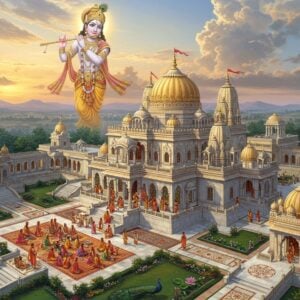 A magnificent aerial view of an ornate ISKCON temple complex at golden hour, featuring pristine white and gold domes with intricate Rajasthani-style architecture. In the foreground, a serene courtyard with devotees in traditional Indian attire performing kirtan, their faces illuminated with divine joy. Lord Krishna in His classic tribhanga pose, playing the flute, appears as a ethereal, semi-transparent figure in the sky above the temple, radiating golden light. The scene includes detailed elements like peacocks, flowing fountains, and perfectly manicured gardens with blooming lotus flowers. Multiple smaller shrines surround the main temple, connected by marble pathways decorated with intricate rangoli patterns. Soft rays of sunlight filter through clouds, creating divine light beams. The color palette focuses on rich golds, pristine whites, peaceful blues, and touches of saffron. The art style combines hyperrealistic architectural details with spiritually uplifting, ethereal elements, rendered in a modern digital painting style with atmospheric lighting and depth.