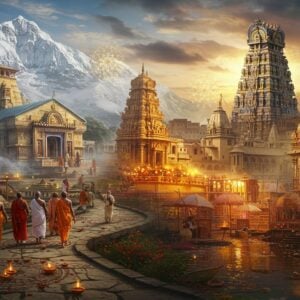 A ethereal panoramic scene of diverse Indian pilgrimage sites seamlessly blending together, featuring the snow-capped Kedarnath temple nestled in misty Himalayas transitioning into the golden Varanasi ghats at dawn with floating diyas and flower offerings. In the foreground, a group of pilgrims in traditional Indian attire (kurtas, sarees in saffron, white, and earth tones) walking on an ancient stone path adorned with intricate Madhubani-style lotus motifs. The path spirals through the scene, connecting various sacred elements. To the right, the majestic Meenakshi Temple towers with its colorful gopurams glowing in supernatural light. Floating mandalas and sacred geometric patterns in gold and peacock blue create ethereal gateways between the locations. The lighting is dramatic with soft golden rays filtering through clouds, creating god-rays. Small details include floating flower petals, glowing oil lamps, and sacred threads in the wind. The art style combines hyperrealistic architectural details with surreal, dreamlike elements and traditional Indian art patterns. The color palette features deep maroons, saffron, gold, and azure blues with hints of sunrise pinks. The atmosphere is mystical and serene with subtle smoke from incense creating an otherworldly haze.