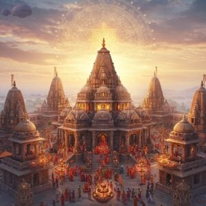 A mystical aerial view of a grand Indian temple complex at dawn, featuring the distinctive Nagara-style architecture of Mansa Devi Temple illuminated by divine golden light. The central temple emanates a soft, ethereal pink aura symbolizing Shakti energy. Multiple ornate shikhara towers rise majestically, adorned with intricate Madhubani-style patterns in gold and saffron. A massive, photorealistic lotus mandala hovers in the sky, with 51 glowing points representing the Shakti Peethas, with the Mansa Devi point radiating the brightest. The foreground shows devotees in colorful traditional attire offering prayers, surrounded by floating diyas and flower petals. Peacock blue and deep maroon accents highlight the temple architecture. A serpentine queue of pilgrims winds through the temple complex. The scene includes subtle representations of the divine feminine - lotus flowers, conch shells, and yantra patterns in modern digital art style. Hyperrealistic rendering with atmospheric lighting, morning mist, and lens flares. The composition maintains traditional sanctity while incorporating contemporary aesthetic elements.