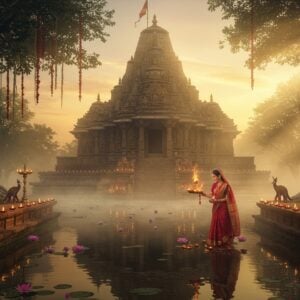 A majestic ancient stone temple with ornate Nagara-style architecture emerging from morning mist, illuminated by golden sunrise. The temple's spire adorned with intricate carvings of celestial beings and traditional Hindu motifs. In the foreground, a serene pond with floating lotus flowers reflects the temple's image. A beautiful Indian woman in a red and gold silk saree performs aarti with a brass thali decorated with marigolds and diyas, creating a warm glow. Ethereal rays of light filter through the morning fog, creating a mystical atmosphere. The scene includes traditional Madhubani-style border elements with peacocks, elephants, and geometric patterns in deep maroon and peacock blue. Small oil lamps line the temple steps, their flames creating dancing reflections in the water. The background features sacred banyan trees with hanging roots decorated with red sacred threads. The overall composition emphasizes the spiritual and ancient nature of the temple while maintaining a dreamy, surreal quality. Hyperrealistic digital art style with rich textures and atmospheric lighting.