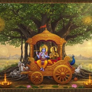 A serene panoramic view of the sacred banyan tree at Jyotisar bathed in ethereal golden light, with intricate Madhubani-style patterns adorning its ancient trunk. Krishna and Arjuna seated in an ornate golden chariot beneath the tree, Krishna with four hands holding the conch, discus, lotus, and mace, while Arjuna holds his Gandiva bow. The chariot is decorated with intricate peacock motifs and traditional patterns in deep maroon and royal blue. Surrounding the scene are floating mandalas and swirling cosmic patterns in saffron and gold. The background features a mystical landscape with small temples and reflecting pools, their waters gleaming with supernatural light. Soft rays of divine light filter through the banyan leaves, creating a magical atmosphere. The art style combines hyperrealistic details with traditional Indian art elements, featuring rich jewel tones and metallic accents. The scene is framed by stylized lotus flowers and spiritual symbols in glowing pastel hues. The overall composition suggests timelessness and divine wisdom.