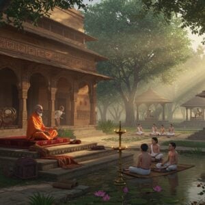 A serene ancient Indian gurukul campus at sunrise, featuring a majestic stone and wooden structure with intricate Nagara-style architecture, surrounded by banyan and peepal trees. In the foreground, a wise-looking guru in saffron robes sits cross-legged on an elevated wooden platform, teaching a group of young disciples dressed in traditional white dhotis who are seated on grass mats. Ancient palm leaf manuscripts and brass oil lamps are scattered nearby. The background shows a peaceful lotus pond reflecting golden morning light, with carved stone pillars and pathways leading to meditation areas. Ethereal rays of sunlight filter through the trees, creating a mystical atmosphere. The scene incorporates Madhubani-style decorative elements along the building's walls, featuring traditional geometric patterns and nature motifs in deep maroon and peacock blue. Several pavilions with thatched roofs are visible, where students are engaged in various activities like astronomy studies with ancient instruments. The entire scene is rendered in a harmonious blend of realistic digital art with traditional Indian artistic elements, emphasizing the timeless nature of ancient learning.