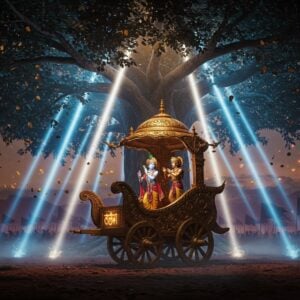 A mesmerizing nighttime scene at Jyotisar depicting the sacred Banyan tree illuminated by ethereal blue and golden lights, under which stands an intricately detailed bronze chariot with Lord Krishna and Arjuna in deep conversation. The chariot features traditional Madhubani-style patterns and is adorned with glowing Sanskrit symbols. Multiple beams of light in saffron, white, and blue create a dramatic atmosphere, intersecting through the ancient branches. Floating golden particles and lotus petals swirl in the air. The background shows a stylized battlefield of Kurukshetra with silhouettes of warriors and flags in deep purples and blues. The scene combines hyperrealistic 3D rendering with traditional Indian art elements, featuring dynamic lighting effects, lens flares, and a mystical fog. The overall composition suggests both historical grandeur and spiritual enlightenment, with a cinematic quality reminiscent of modern fantasy art.