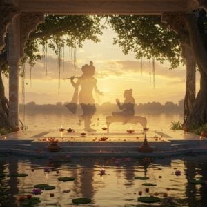 A serene twilight scene of the sacred Jyotisar Sarovar, with crystal-clear waters reflecting golden sky, surrounded by ancient banyan trees with hanging roots. In the center, a detailed marble platform where Lord Krishna and Arjuna's divine conversation took place, adorned with intricate Madhubani-style carvings. A ethereal, transparent silhouette of Lord Krishna with four hands holding the Sudarshan Chakra, flute, lotus, and showing abhaya mudra, teaching wisdom to Arjuna who sits in a reverent pose. The scene is illuminated by floating diyas on the water, creating a mystical golden glow. Traditional Indian architectural elements frame the scene with ornate pillars featuring peacock motifs and lotus designs. Soft pastel clouds in shades of saffron and rose float above, while delicate rays of divine light pierce through them. The foreground features scattered marigold flowers and lotus petals on the water's surface. The entire composition has a dreamy, spiritual quality with a blend of photorealistic detail and ethereal Indian artistic elements. Hyper-detailed, cinematic lighting, golden hour atmosphere, 8k resolution.