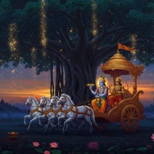 A serene twilight scene depicting the historic battlefield of Kurukshetra at Jyotisar, with a magnificent ancient banyan tree as the focal point, its branches adorned with golden light particles. Lord Krishna and Arjuna in a divine chariot, Krishna with four hands holding the conch, discus, mace, and lotus, wearing a golden pitambara and peacock feather crown, radiating a celestial blue aura. Arjuna in royal warrior attire with traditional armor, bow Gandiva in hand, looking contemplative. The chariot is drawn by four white horses with flowing manes. The background features intricate Madhubani-style patterns in deep maroon and saffron, with subtle mandalas floating in the air. Ethereal light streams through the banyan leaves, creating a mystical atmosphere. The scene is rendered in a harmonious blend of traditional Indian art and modern digital aesthetics, with a color palette of deep blues, golds, and soft celestial glows. Sacred symbols like the Om and small lotus flowers float delicately in the foreground, while the distant horizon shows silhouettes of ancient temples in peacock blue hues.