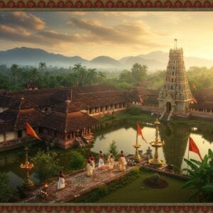 A majestic aerial view of Kadampuzha Devi Temple complex at golden hour, with intricate Keralan architecture featuring red-tiled roofs and golden flagstaff. The temple pond reflects the warm sunlight, surrounded by lush coconut groves and banana plantations. In the foreground, a group of devotees in traditional Kerala attire (women in cream and gold kasavu sarees, men in white mundus) walking through the temple courtyard. The scene is adorned with traditional Kerala-style brass oil lamps and intricate kolam patterns. The background showcases the Western Ghats mountains in misty blues and greens. Soft rays of divine light filter through clouds, creating a mystical atmosphere. The scene incorporates elements of Madhubani art style in the borders with peacocks and lotus motifs in deep maroon and gold. The overall composition has a dreamy, ethereal quality with a color palette of deep gold, forest green, terracotta red, and peaceful blue, rendered in a modern digital art style while maintaining traditional elements.