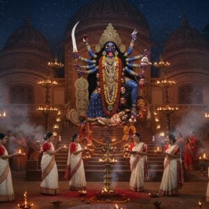 A majestic night scene of a traditional Bengali Kali Bari temple with ornate architecture, illuminated by warm golden lights and oil lamps. In the foreground, a group of Bengali women in traditional white sarees with red borders perform dhunuchi dance, creating mesmerizing swirls of incense smoke. The central focus is on an ethereal, artistic representation of Goddess Kali with four arms - upper right holding a kharga (sword), upper left holding a severed head, lower right in abhaya mudra, and lower left in varada mudra. She wears a garland of skulls, has wild flowing hair, and her tongue extends outward. The backdrop features intricate Madhubani-style patterns in deep indigo and gold, with floating lotus flowers and Bengali alpana designs on the temple steps. Devotees in traditional Bengali attire are seen offering hibiscus flowers and performing arati. The scene is enhanced with mystical elements like floating diyas, swirling sindoor particles, and the warm glow of ceremonial fires, creating a harmonious blend of tradition and spiritual energy. The art style combines photorealistic details with ethereal, dreamy elements in rich colors of deep blue, crimson, gold, and black.