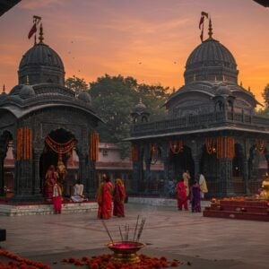 A majestic black marble temple structure with traditional Bengali architecture against a vibrant Delhi sunset, featuring ornate spires and golden kalash. In the foreground, a grand entrance with intricate Bengali-style carved pillars adorned with red and white lotus garlands. The temple courtyard shows detailed Kolkata-style architecture with red oxide flooring, where devotees in contemporary Indian attire offer prayers. Soft evening light illuminates the scene, creating dramatic shadows. The background reveals modern Delhi skyline with trees and urban architecture seamlessly blending with the temple complex. The scene includes subtle details like brass temple bells, traditional terracotta tiles, and floating diyas in a small temple pond. The color palette combines deep maroons, blacks, and golds with soft sunset oranges and purples. Art style merges traditional Pattachitra techniques with modern digital art, emphasizing photorealistic textures and atmospheric lighting. A gentle smoke from incense sticks creates a mystical ambiance, while marigold and hibiscus flowers add pops of color throughout the scene. The overall composition suggests both spiritual serenity and urban accessibility.