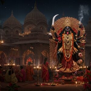 An awe-inspiring night scene of Kali Bari Temple in New Delhi illuminated by moonlight and traditional brass oil lamps, with intricate Bengali-style architecture featuring curved roofs and ornate spires. In the foreground, a majestic black marble statue of Goddess Kali with 4 arms - upper right hand holding a sword, upper left hand holding a severed head, lower right hand in abhaya mudra, and lower left hand holding a bowl. She wears a garland of skulls and her tongue protrudes. The statue is adorned with a deep red silk saree with gold border, traditional Bengali temple jewelry, and a crown. Surrounding the temple are blooming red hibiscus flowers, smoking incense, and brass bells. The scene is enhanced by soft, ethereal golden light from oil lamps creating dramatic shadows, while maintaining a spiritual and serene atmosphere. The art style combines traditional Kalighat pat painting elements with modern digital art techniques, featuring deep maroons, blacks, and metallic gold accents. A few devotees in traditional Bengali attire are seen offering prayers with folded hands in peaceful reverence.