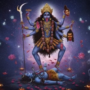 A mesmerizing portrayal of Goddess Kali in her divine form, standing on Lord Shiva against a cosmic backdrop filled with swirling galaxies and spiritual energy. She has four arms - her upper right hand holding a gleaming sword, upper left hand holding a freshly severed head, lower right hand in abhaya mudra, and lower left hand holding a blood-filled skull cup. Her wild hair flows dramatically, adorned with serpents and a crown of skulls. Her tongue extends outward, and she wears a garland of skulls. The scene is illuminated by an ethereal blue-purple glow, with intricate Madhubani-style patterns forming mandalas in the background. Floating lotus petals and spiritual symbols surround her. The art style combines hyperrealistic digital rendering with traditional Indian art elements, featuring rich deep blues, crimsons, and gold accents. Sacred yantra patterns emerge from smoky incense trails, creating a mystical atmosphere. The overall composition balances fierce power with divine grace, contemporary aesthetics with traditional iconography.