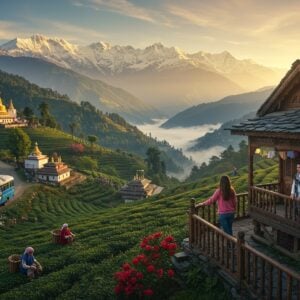 A stunning panoramic view of Kangra Valley at golden hour, featuring majestic Dhauladhar mountains in the background with snow-capped peaks glowing in warm sunlight. In the foreground, a beautifully detailed traditional Himachali wooden house with intricate carved patterns and a slate roof, surrounded by terraced tea gardens. A young Indian couple in modern winter wear admiring the view from a wooden balcony decorated with colorful prayer flags. The scene includes local elements like a vintage Himachal Road Transport Corporation bus painted in traditional blue-white colors winding through a mountain road, and women in traditional Gaddi attire picking tea leaves. The composition features mystical morning mist rolling through the valley, ancient Buddhist monasteries with golden spires catching sunlight, and blooming rhododendrons adding splashes of red and pink. Art style combines hyperrealistic digital painting with traditional Kangra miniature painting techniques, featuring rich jewel tones of emerald, sapphire, and gold, with ethereal lighting and atmospheric depth.