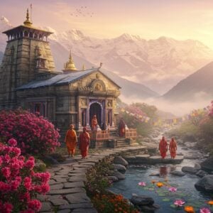 A panoramic view of Kangra Valley at sunrise, with majestic snow-capped Dhauladhar mountains in the background, rendered in ethereal pastels of pink and gold. In the foreground, an ancient stone temple with intricate Nagara architecture style stands prominently, its spires adorned with traditional Hindu motifs and golden kalash. The temple is surrounded by blooming rhododendrons in deep crimson. A serene mountain stream flows nearby, its crystal-clear waters decorated with floating lotus flowers and marigolds. Two Indian pilgrims in traditional Himachali attire (women in colorful pattus and men in traditional caps) are walking on an ancient stone pathway leading to the temple. Soft morning mist swirls around the valley, creating a mystical atmosphere. Prayer flags flutter in the gentle breeze, adding splashes of color. The scene combines photorealistic landscape photography with traditional Pahari miniature painting style, emphasizing fine details and rich cultural elements. The lighting is soft and golden, creating a divine atmosphere with subtle lens flares. Hyperrealistic digital art style with atmospheric depth and volumetric lighting.