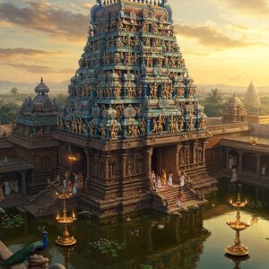 A majestic aerial view of Kapaleeshwarar Temple during golden hour, featuring its towering 120-foot gopuram with intricate Dravidian sculptures in rich blues, golds, and terracotta. The magnificent stone-carved mythical creatures and deities adorning each tier catch the warm sunlight. In the foreground, the temple's sacred tank reflects the gopuram like a mirror, with lotus flowers floating on its surface. Lord Shiva in his Kapaleeshwarar form stands in the center, four-armed, holding the kapalam (skull bowl) in one hand, damaru in another, with a serpent around his neck, and the crescent moon in his matted locks. Traditional oil lamps cast a ethereal golden glow across the scene. Devotees in traditional attire circumambulate the temple. Peacocks roam the courtyard, their feathers adding bursts of iridescent color. The scene combines photorealistic architecture with mystical elements like subtle divine light rays and floating flower petals. Art style merges traditional Tanjore painting techniques with modern digital art, emphasizing rich jewel tones and metallic accents. Hyper-detailed architectural elements with strong emphasis on shadows and lighting creating depth and dimension.