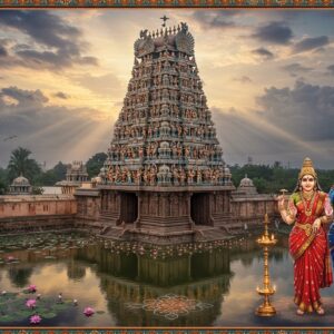 A majestic aerial view of Kapaleeshwarar Temple's ornate gopuram rising against a mystical twilight sky, with soft golden light illuminating its intricate Tamil Dravidian architecture. The main tower features detailed sculptures in rich colors of saffron, deep blue, and maroon, with countless deities carved in traditional South Indian style. In the foreground, Lord Shiva as Kapaleeshwarar appears in divine form with four arms - upper right holding damaru, upper left holding deer, lower right in abhaya mudra, and lower left holding kapala, adorned with crescent moon, serpents, and rudraksha beads. Beside him stands Goddess Karpagambal in a bright red silk saree with gold border, holding a blue lotus. The temple tank reflects the scene with ethereal ripples, surrounded by blooming lotus flowers. Soft glowing diyas float on the water, creating magical reflections. The scene incorporates Madhubani-style decorative elements in the borders, with peacocks, elephants, and traditional Tamil kolam patterns. A gentle mist adds depth and mystery, while rays of divine light stream through clouds, highlighting the temple's majestic architecture. Photorealistic digital art with surreal lighting and atmospheric effects.