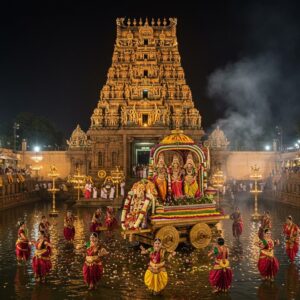 A majestic night scene of the iconic Kapaleeshwarar Temple in Mylapore, Chennai, with its towering 37-meter gopuram illuminated by hundreds of traditional oil lamps and modern spotlights, creating a golden ethereal glow. In the foreground, a group of classical Indian dancers in vibrant silk bharatanatyam costumes (deep maroon, peacock blue, and golden) perform gracefully during the Panguni Uthiram festival. The temple tank reflects the illuminated gopuram like a mirror. Lord Shiva as Kapaleeshwarar and Goddess Parvati as Karpagambal's decorated processional deities mounted on an intricately carved golden chariot with flower decorations. Devotees in traditional attire carrying silver pots of milk and flowers, creating a circular pattern around the chariot. The scene features detailed Dravidian architecture with ornate sculptures, floating lotus flowers in the tank, and smoke from camphor and incense creating a mystical atmosphere. The art style combines hyperrealistic digital rendering with traditional Tanjore painting elements, emphasizing gold leaf effects and jewel-tone colors. Aerial perspective showing the entire temple complex with festival crowds creating beautiful geometric patterns.