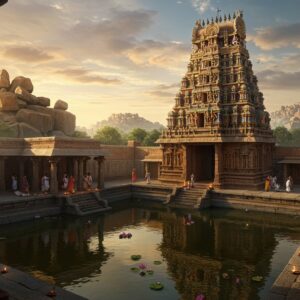 A majestic aerial view of Hampi's Virupaksha Temple complex at golden hour, with its towering gopuram adorned with intricate Dravidian sculptures and colorful mythological figures. The temple is surrounded by massive granite boulders bathed in warm sunlight, creating long shadows. In the foreground, a serene reflecting pool mirrors the temple's grandeur, with floating lotus flowers and diyas. Traditional Karnataka-style stone pillars frame the scene, each carved with detailed mythological stories. Soft beams of divine light filter through clouds, creating a mystical atmosphere. Small groups of devotees in traditional Karnataka attire perform rituals near the temple entrance. The scene incorporates elements of Hoysala architecture with its detailed wall carvings and stepped pyramid structure. The color palette features rich golds, deep terracottas, and warm browns, with touches of sunset orange and peaceful blue in the sky. The style combines hyperrealistic architectural details with ethereal lighting and mystical elements, rendered in a modern digital art technique while maintaining traditional Indian artistic sensibilities.